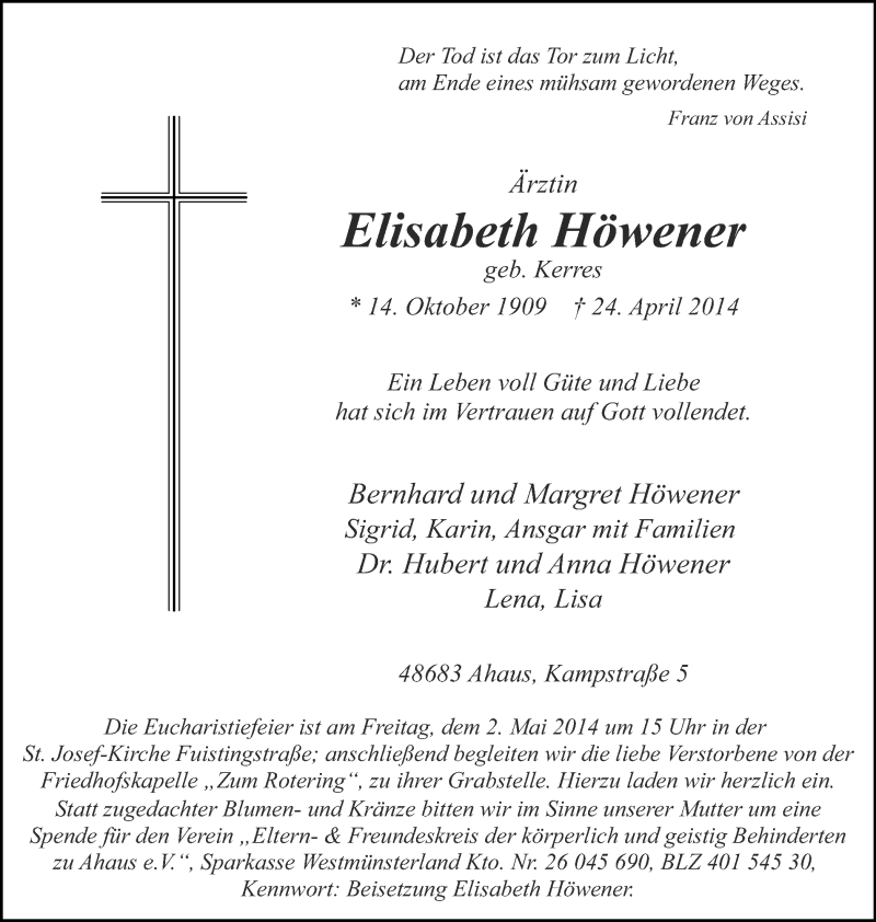  Traueranzeige für Elisabeth Höwener vom 29.04.2014 aus Münstersche Zeitung und Münsterland Zeitung