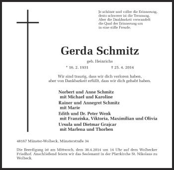 Anzeige von Gerda Schmitz von Münstersche Zeitung und Grevener Zeitung