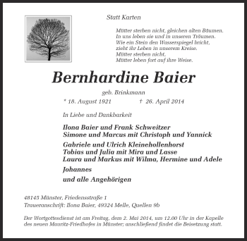 Anzeige von Bernhardine Baier von Münstersche Zeitung und Grevener Zeitung