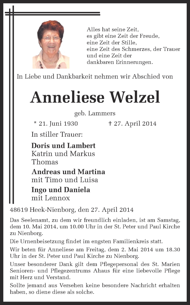 Traueranzeige für Anneliese Welzel vom 30.04.2014 aus Münstersche Zeitung und Münsterland Zeitung