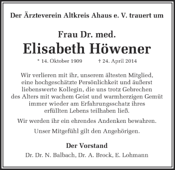 Anzeige von Elisabeth Höwener von Münstersche Zeitung und Münsterland Zeitung