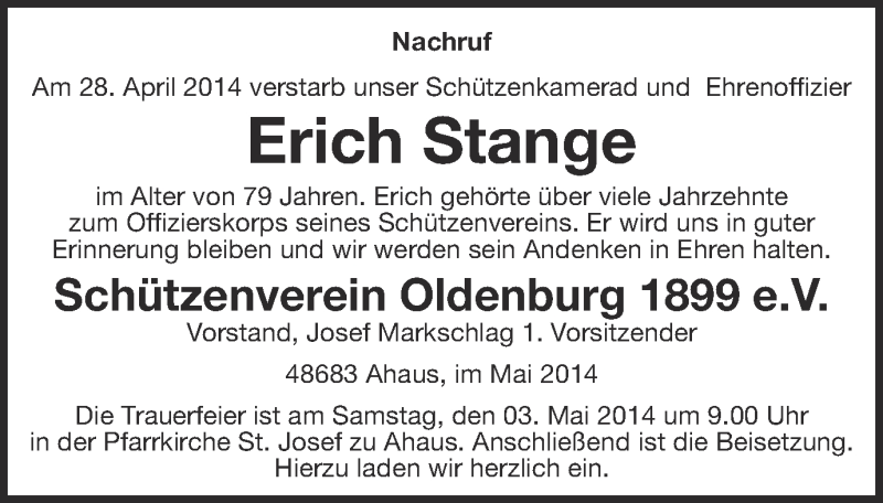 Traueranzeigen von Erich Stange www.trauer.ms
