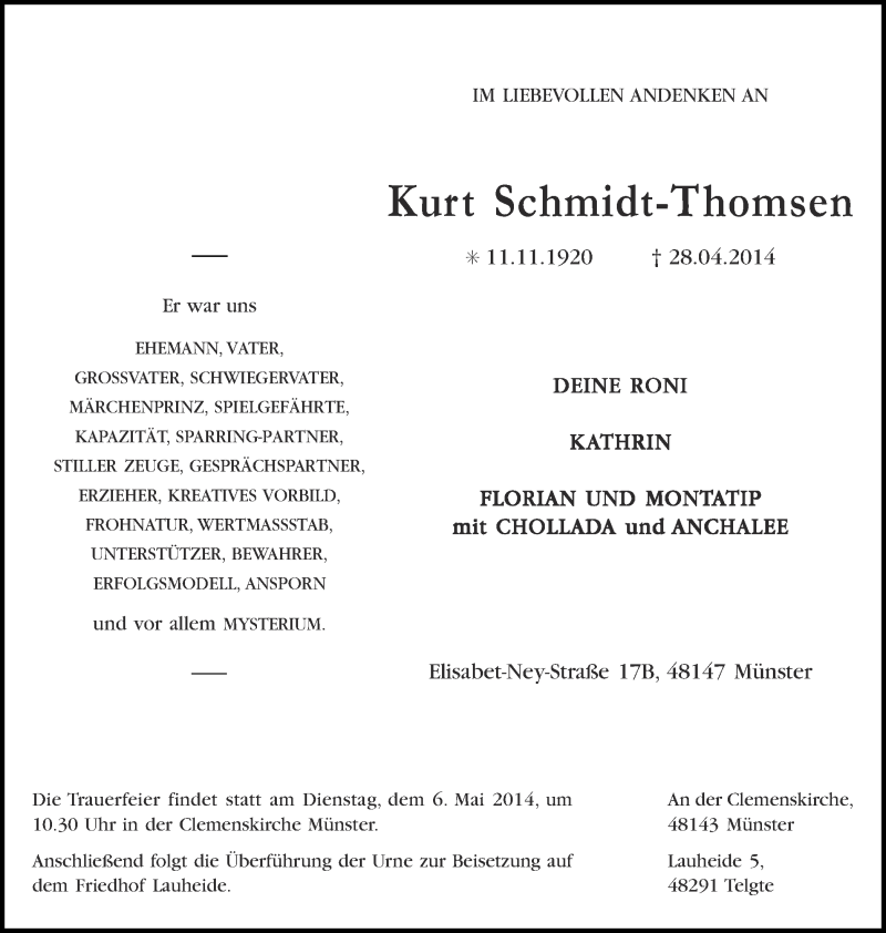  Traueranzeige für Kurt Schmidt-Thomsen vom 03.05.2014 aus Münstersche Zeitung und Grevener Zeitung