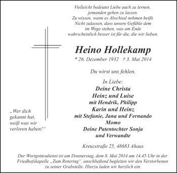 Anzeige von Hein Hollekamp von Münstersche Zeitung und Münsterland Zeitung