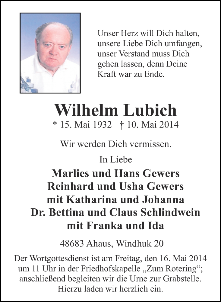  Traueranzeige für Wilhelm Lubich vom 13.05.2014 aus Münstersche Zeitung und Münsterland Zeitung