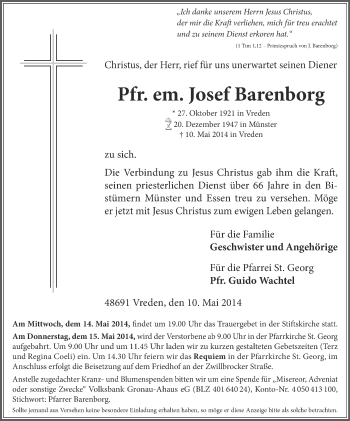Anzeige von Josef Barenborg von Münstersche Zeitung und Münsterland Zeitung