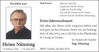 Anzeige von Heino Nünning von Münstersche Zeitung und Münsterland Zeitung
