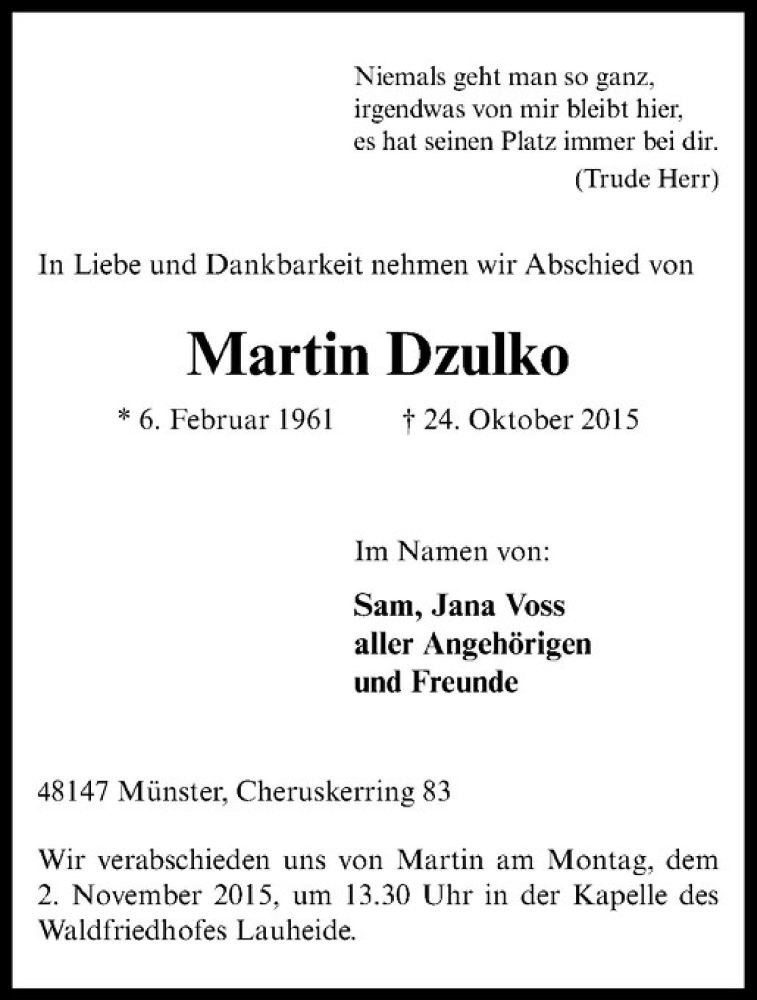 Traueranzeige für Martin Dzulko vom 29.10.2015 aus Westfälische Nachrichten