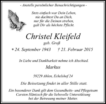 Anzeige von Christel Kleifeld von Westfälische Nachrichten