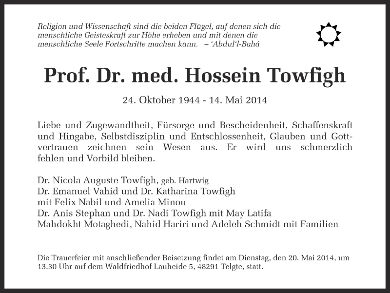  Traueranzeige für Hossein Towfigh vom 17.05.2014 aus Münstersche Zeitung und Grevener Zeitung