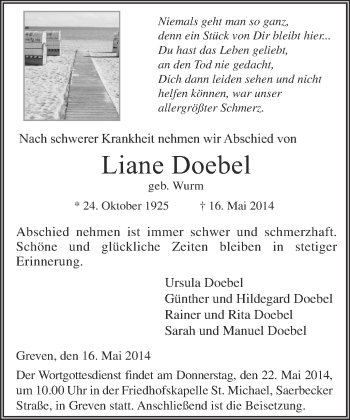 Anzeige von Liane Doebel von Münstersche Zeitung und Grevener Zeitung