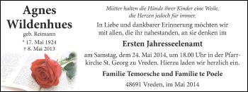 Anzeige von Agnes Wildenhues von Münstersche Zeitung und Münsterland Zeitung