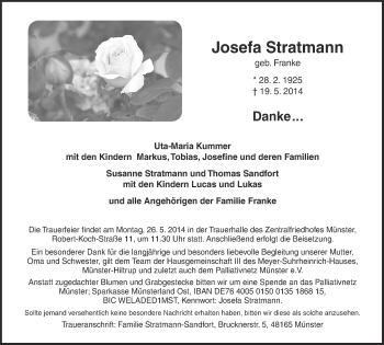 Anzeige von Josefa Stratmann von Münstersche Zeitung und Grevener Zeitung