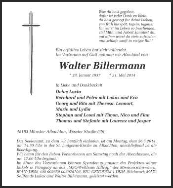 Anzeige von Walter Billermann von Münstersche Zeitung und Grevener Zeitung