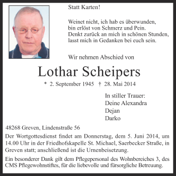 Anzeige von Lothar Scheipers von Münstersche Zeitung und Grevener Zeitung