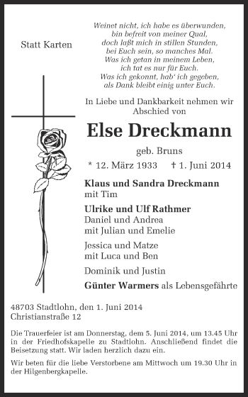 Anzeige von Else Dreckmann von Münstersche Zeitung und Münsterland Zeitung
