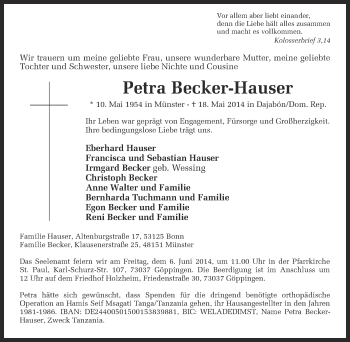 Anzeige von Petra Becker-Hauser von Münstersche Zeitung und Grevener Zeitung