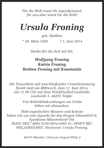 Anzeige von Ursula Froning von Münstersche Zeitung und Grevener Zeitung