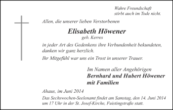 Anzeige von Elisabeth Höwener von Münstersche Zeitung und Münsterland Zeitung