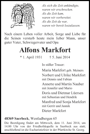 Anzeige von Alfons Markfort von Münstersche Zeitung und Grevener Zeitung