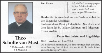 Anzeige von Theo Scholte van Mast von Münstersche Zeitung und Münsterland Zeitung