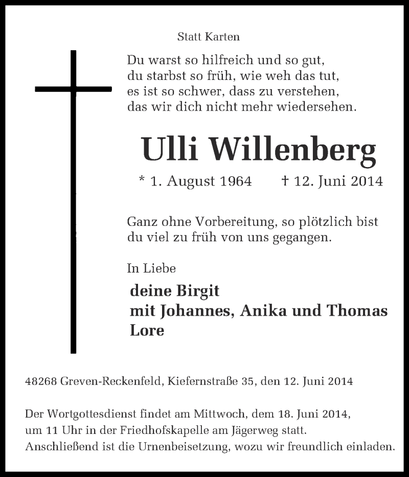  Traueranzeige für Ulli Willenberg vom 16.06.2014 aus Münstersche Zeitung und Grevener Zeitung