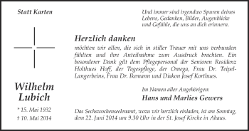Anzeige von Wilhelm Lubich von Münstersche Zeitung und Münsterland Zeitung