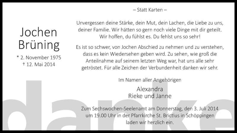  Traueranzeige für Jochen Brüning vom 28.06.2014 aus Münstersche Zeitung und Münsterland Zeitung