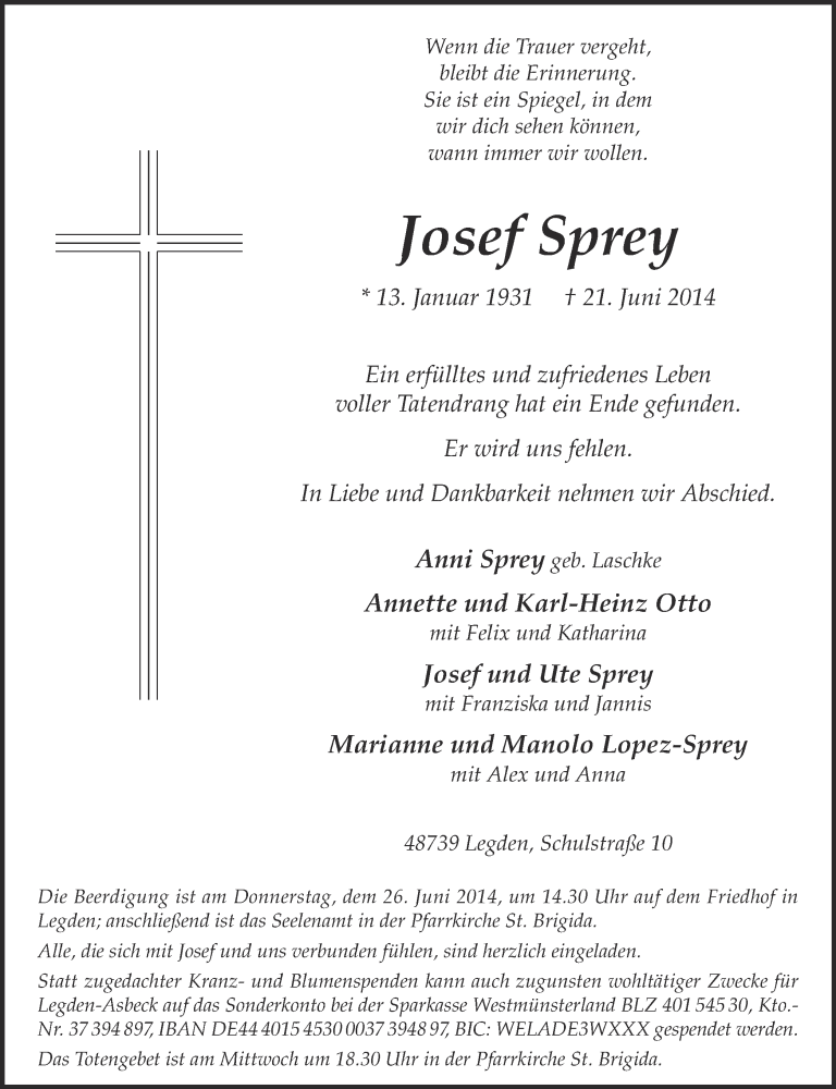  Traueranzeige für Josef Sprey vom 24.06.2014 aus Münstersche Zeitung und Münsterland Zeitung