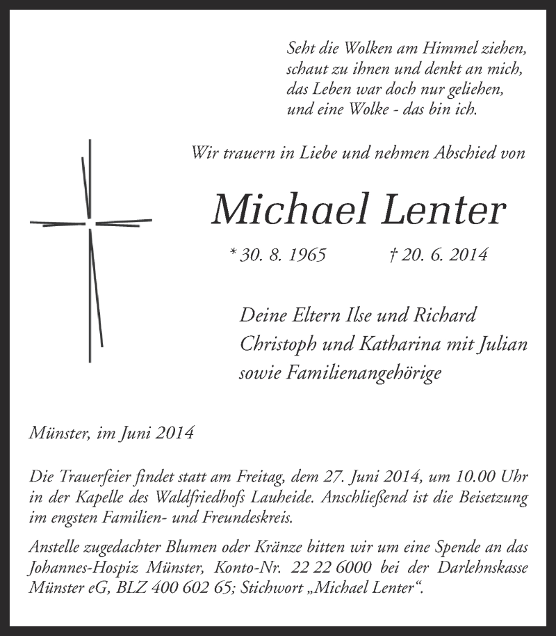  Traueranzeige für Michael Lenter vom 24.06.2014 aus Münstersche Zeitung und Grevener Zeitung