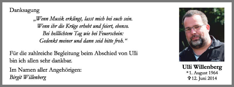 Traueranzeige für Ulli Willenberg vom 28.06.2014 aus Münstersche Zeitung und Grevener Zeitung