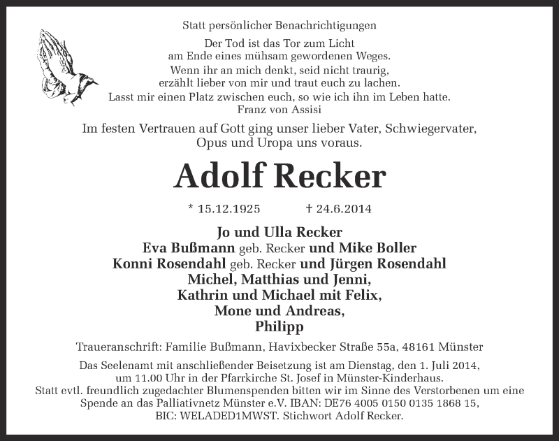  Traueranzeige für Adolf Recker vom 28.06.2014 aus Münstersche Zeitung und Grevener Zeitung