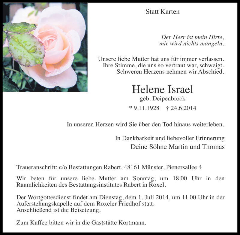  Traueranzeige für Helene Israel vom 28.06.2014 aus Münstersche Zeitung und Grevener Zeitung