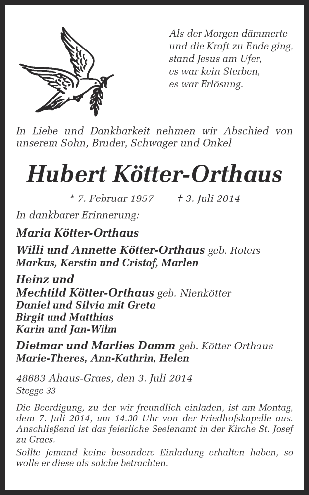  Traueranzeige für Hubert Kötter-Orthaus vom 05.07.2014 aus Münstersche Zeitung und Münsterland Zeitung