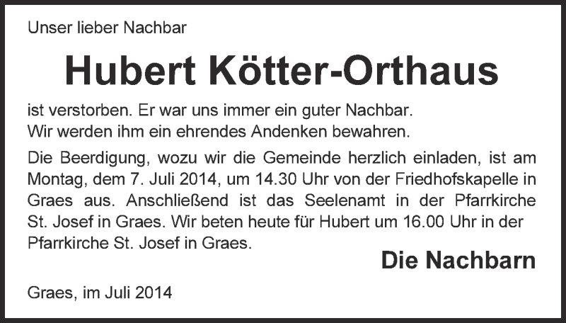  Traueranzeige für Hubert Kötter-Orthaus vom 05.07.2014 aus Münstersche Zeitung und Münsterland Zeitung