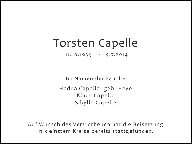  Traueranzeige für Torsten Capelle vom 19.07.2014 aus Münstersche Zeitung und Grevener Zeitung