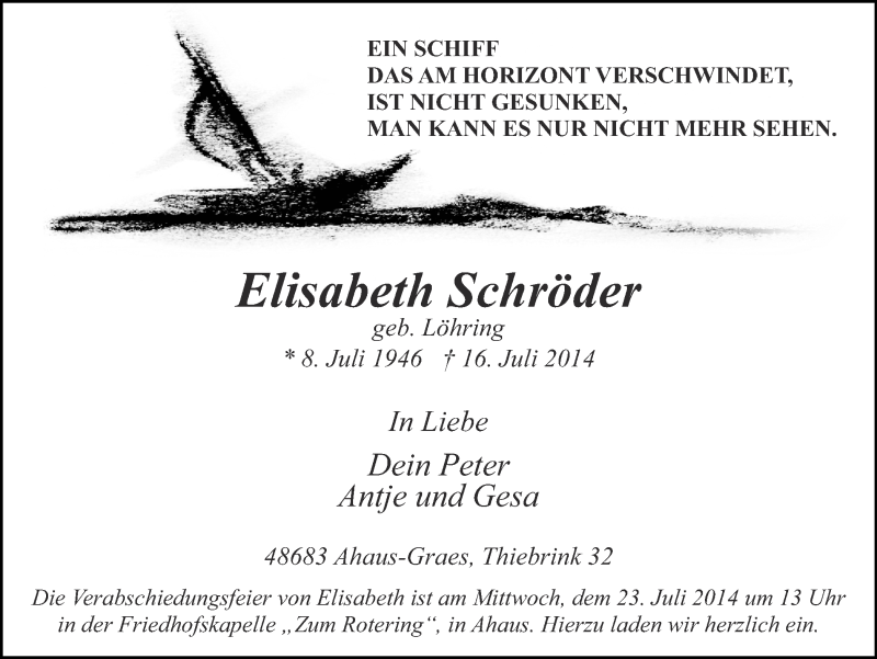  Traueranzeige für Elisabeth Schröder vom 19.07.2014 aus Münstersche Zeitung und Münsterland Zeitung