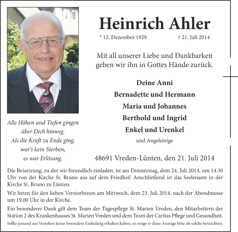  Traueranzeige für Heinrich Ahler vom 22.07.2014 aus Münstersche Zeitung und Münsterland Zeitung