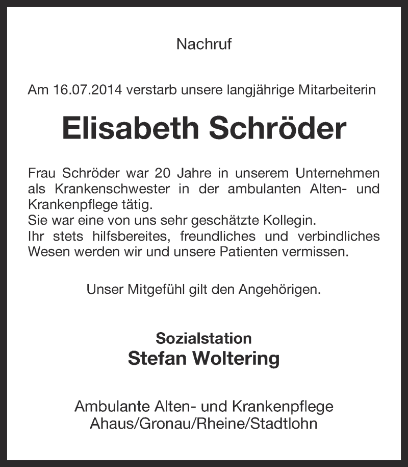  Traueranzeige für Elisabeth Schröder vom 23.07.2014 aus Münstersche Zeitung und Münsterland Zeitung