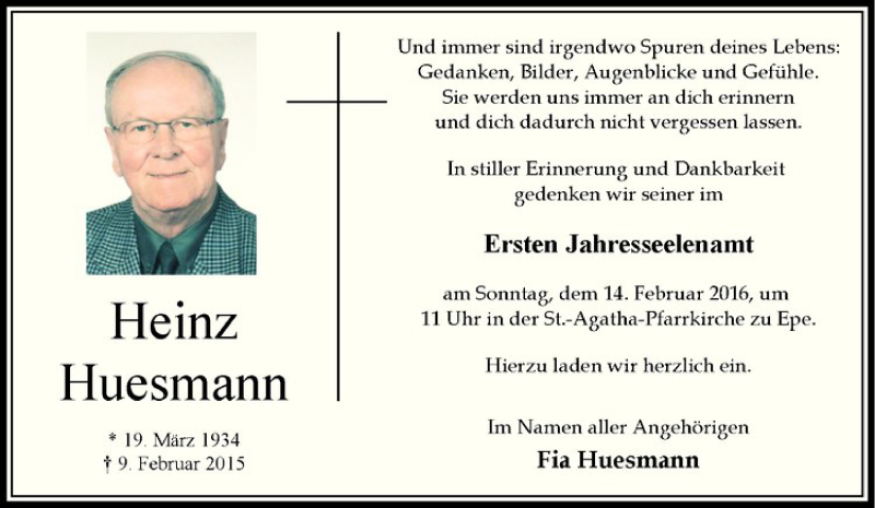  Traueranzeige für Heinz Huesmann vom 10.02.2016 aus Westfälische Nachrichten