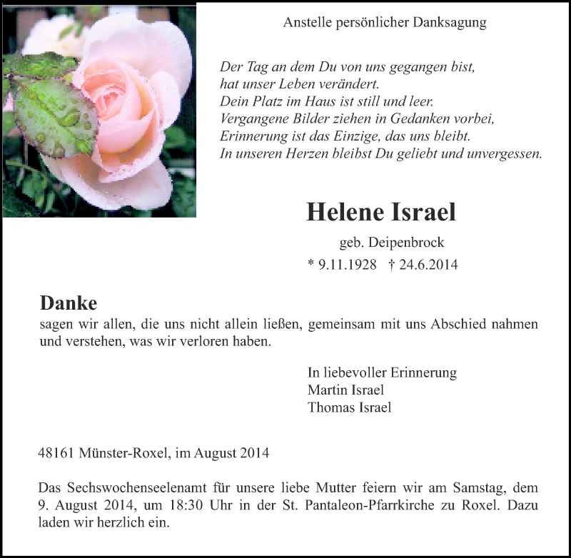  Traueranzeige für Helene Israel vom 02.08.2014 aus Münstersche Zeitung und Grevener Zeitung