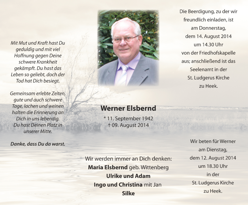  Traueranzeige für Werner Elsbernd vom 12.08.2014 aus Münstersche Zeitung und Münsterland Zeitung