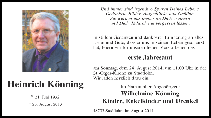  Traueranzeige für Heinrich Könning vom 20.08.2014 aus Münstersche Zeitung und Münsterland Zeitung