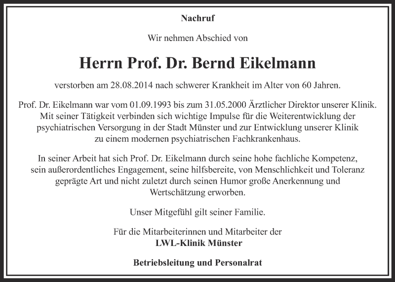  Traueranzeige für Bernd Eikelmann vom 06.09.2014 aus Münstersche Zeitung und Grevener Zeitung