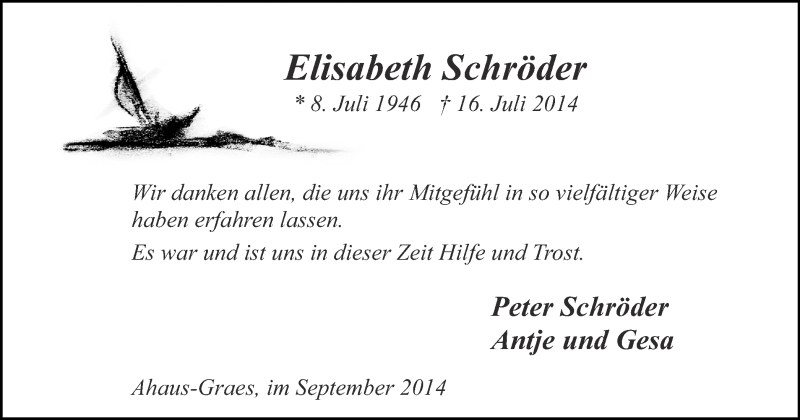  Traueranzeige für Elisabeth Schröder vom 06.09.2014 aus Münstersche Zeitung und Münsterland Zeitung