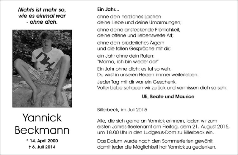  Traueranzeige für Yannick Beckmann vom 06.07.2015 aus Westfälische Nachrichten