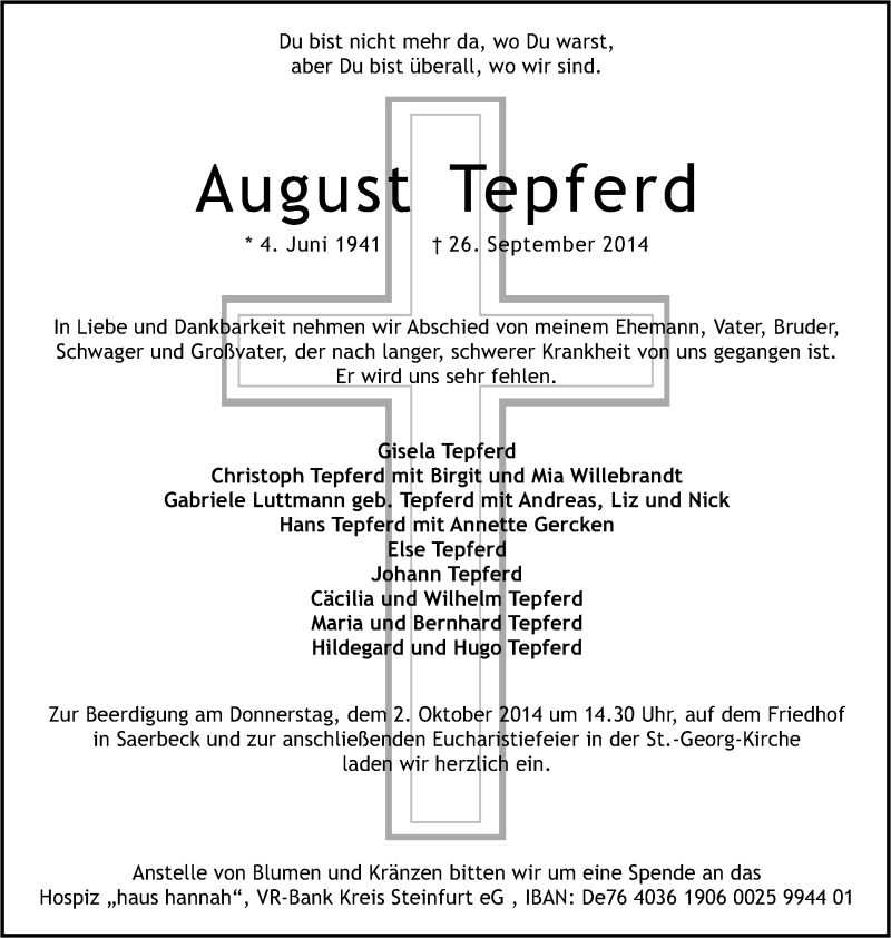  Traueranzeige für August Tepferd vom 30.09.2014 aus Münstersche Zeitung und Grevener Zeitung