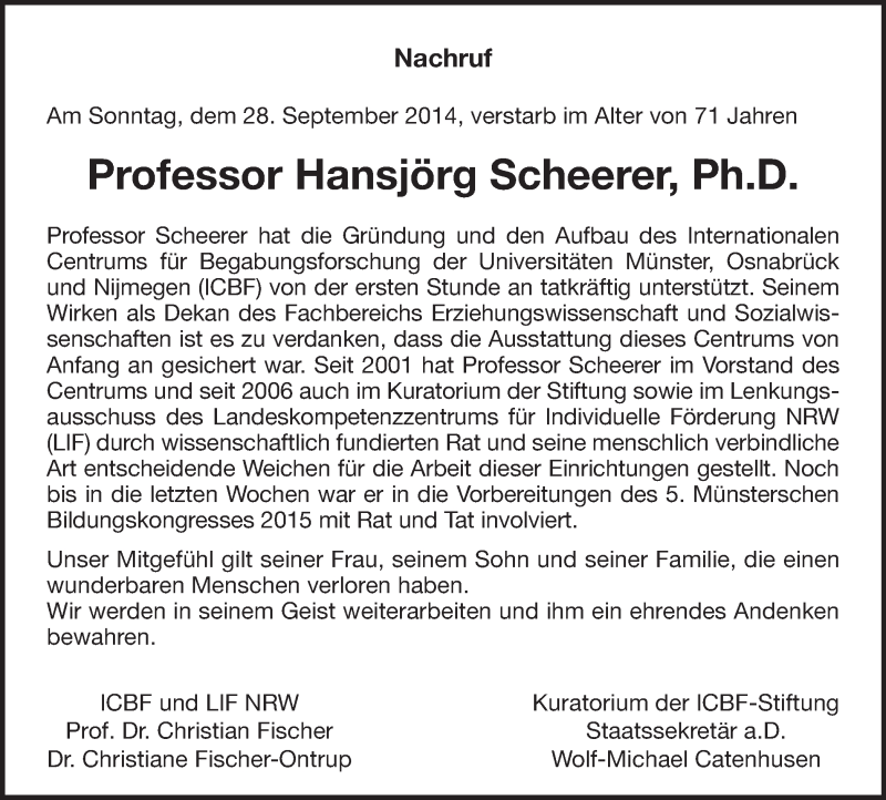  Traueranzeige für Hansjörg Scheerer vom 02.10.2014 aus Münstersche Zeitung und Grevener Zeitung