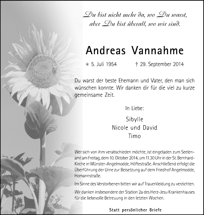  Traueranzeige für Andreas Vannahme vom 04.10.2014 aus Münstersche Zeitung und Grevener Zeitung