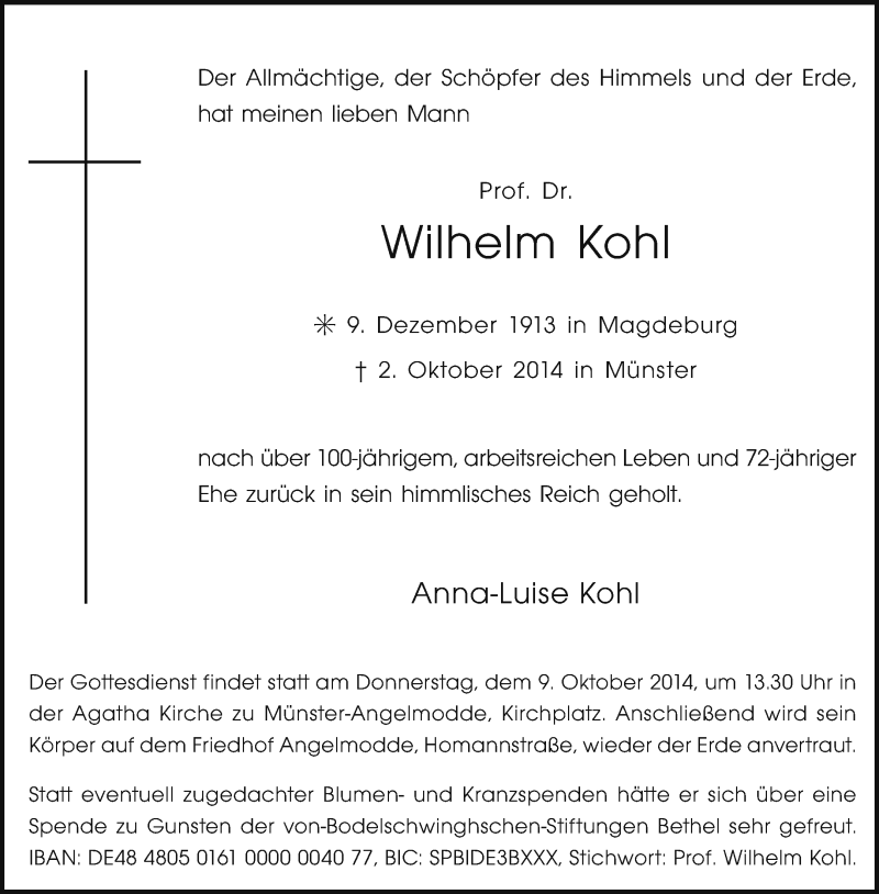  Traueranzeige für Wilhelm Kohl vom 06.10.2014 aus Münstersche Zeitung und Grevener Zeitung